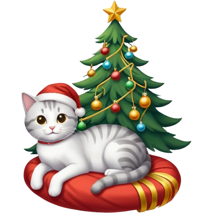 grau weiße Katze im geschmückten Weihnachtsbaum mit Lametta um sich rum und unten liegen ein paar Weihnachtskugeln emoji