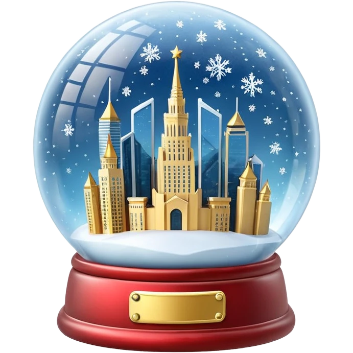 Apple style 3D emoji of a crystal snow globe. Inside the globe are the glowing skyscrapers of Moscow City (Federation Tower and Evolution Tower) covered in snow. Golden sparkles and snowflakes floating inside. High-quality
3D render, glossy glass, soft lighting, isolated on a white background. emoji