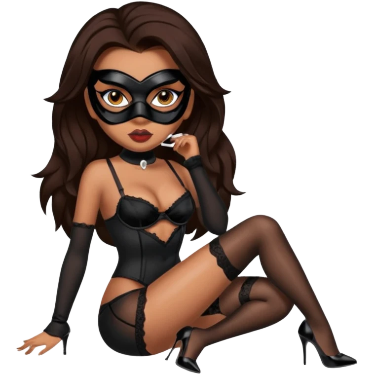 A sexy bratz girl. with caramel skin. Dark brown hair and brown eyes. She has freckles. Wearing sexy makeup. Dressed as a sexy purge mask. wearing lingerie. black heels on emoji
