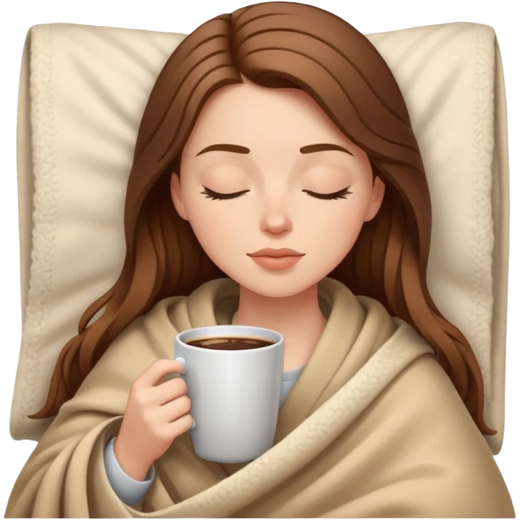 brown-haired white girl inside a blanket sipping coffee eyes closed emoji