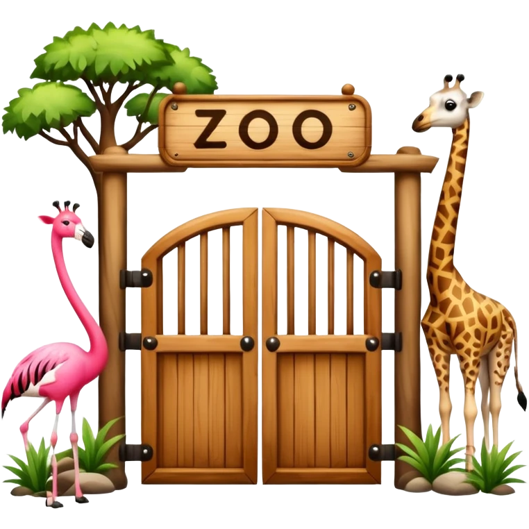 rustic wooden zoo gate with 'zoo' sign, surrounded by giraffe, panda, zebra, and flamingo, traditional emoji style, not AI art emoji