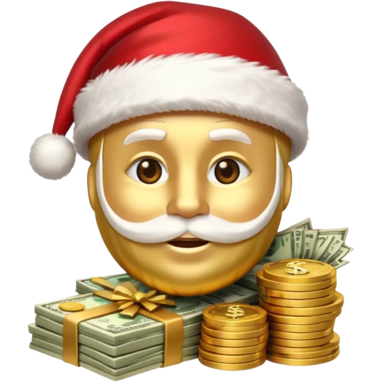 A confident rich emoji face wearing a Santa hat, money stacks, casino vibe, New Year theme, premium 3D emoji style, sharp details, no text, isolated on transparent background emoji