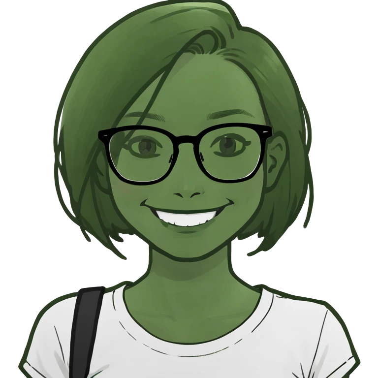 Long black hair girl in a light white T- shirt and black square glasses smiling studying with an Ipad emoji