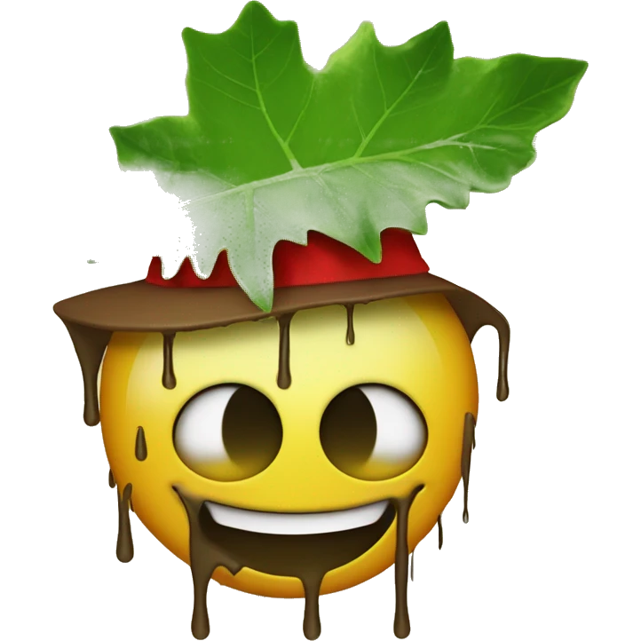 Dripping smiley face with wee leaf eyes and rasta hat emoji