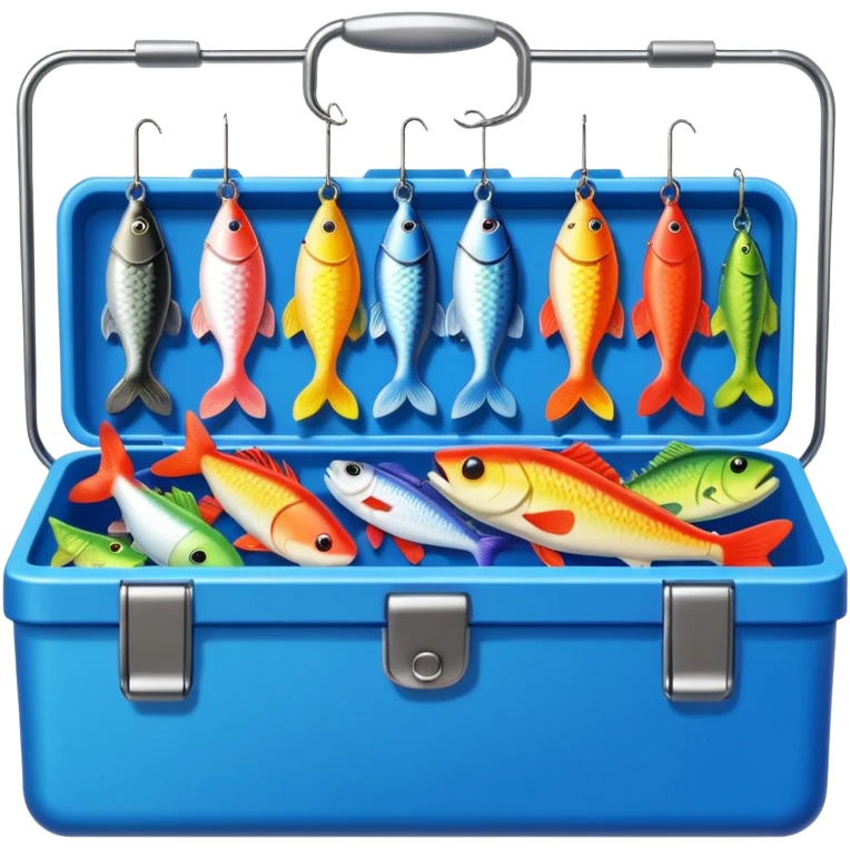 A tackle box filled with hooks, lures, and colorful bobbers.
 emoji