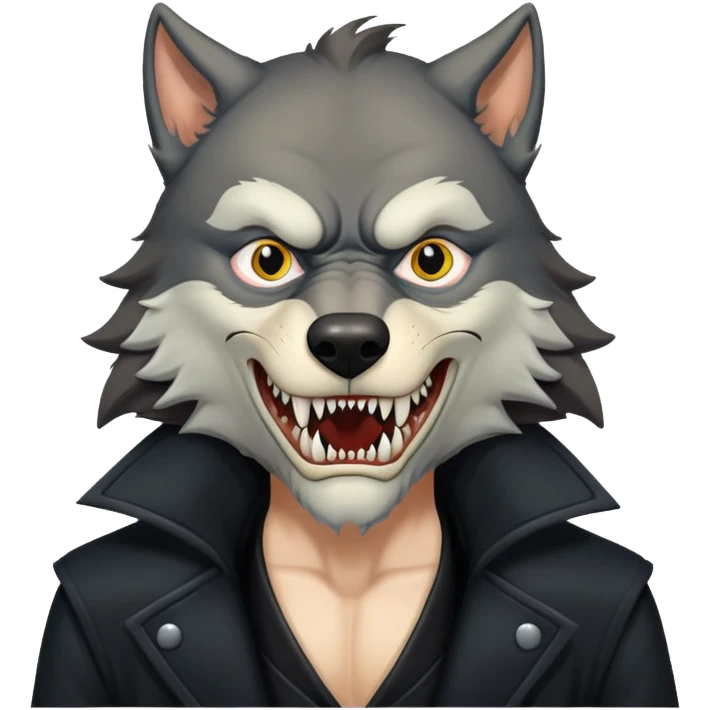 Fenrir Greyback in harry potter, black open chest coat, wolf face, bared teeth emoji