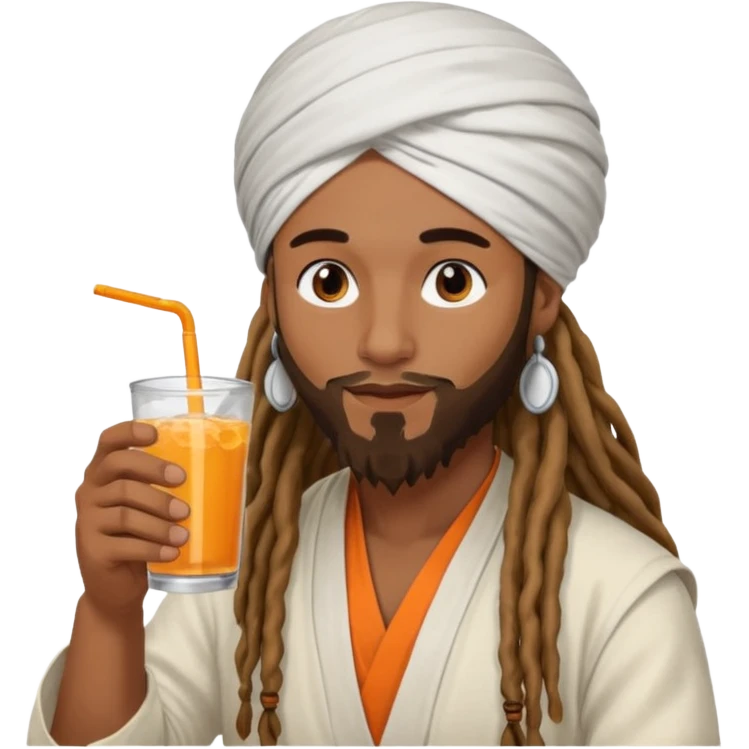 Brownskin man with long dreadlocks add a white turban on his head orange shirt drinking  emoji