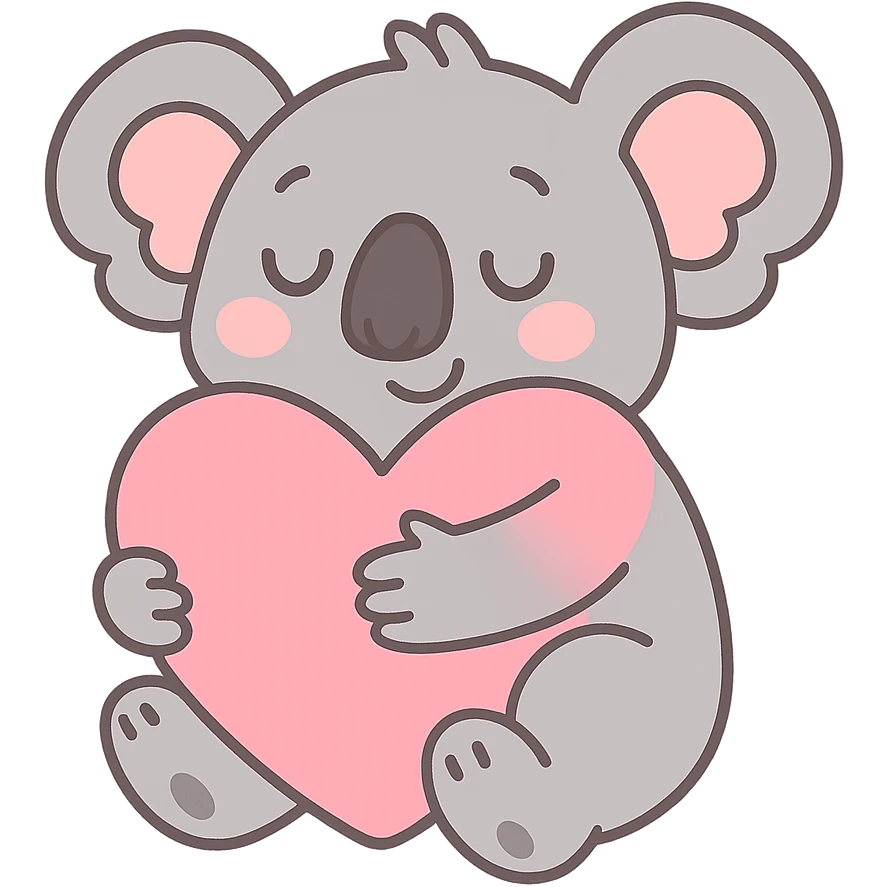 cartoon koala hugging a big pink heart, gentle pastel colors, pastel toon style emoji
