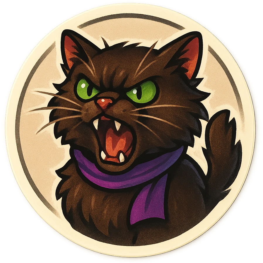 Fluffy angry livid screaming hissing cute dark-brown cat with green eyes and a purple scarf  emoji