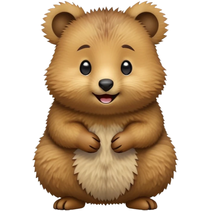 cinematic-quokka-realistic-emoji -hunched-over-emoji,-small-round-frame-balanced-on-tiny-strong-hind-legs,giant-fluffy-cheeks-large-smile-fluffy-brown-fur-radiating-a-warm-softness,-big-round-eyes-filled-with-joy, realistic emoji emoji