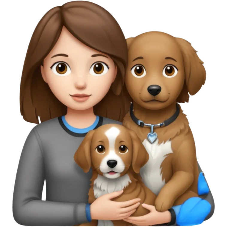 Girl with brown hair holding grey white and black golden retriever dog emoji