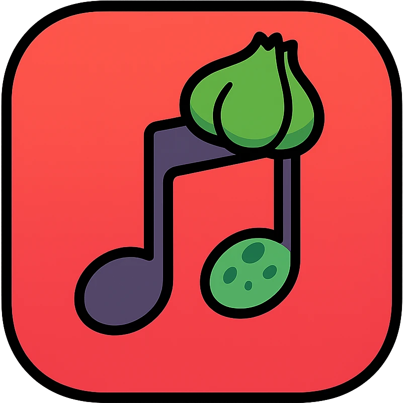 red note app emoji, red gradient, music note with Bulbasaur's bulb and spots, rounded app icon look emoji