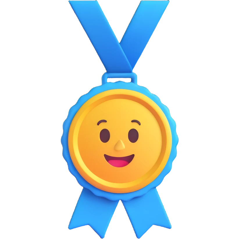 certificate of completion with a blue medal sticker, playful design, iPhone style 3D emoji emoji