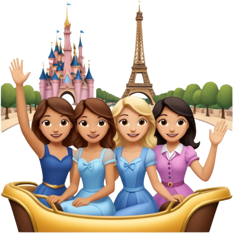 quatro chicas montadas en una atraccion de Disney paris levantando la mano sin el castillo detrás ni nada emoji