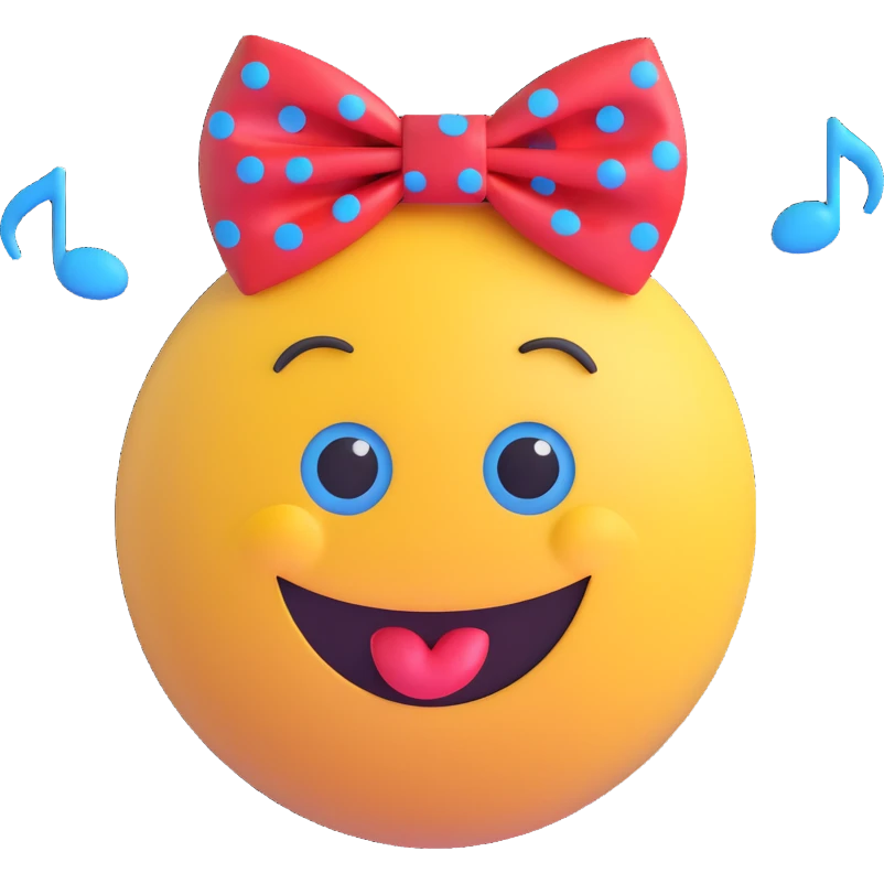 3D smiley emoji, large eyelashes, red polka dot bow, surprised, O-shaped mouth, blue eyes, musical notes emoji