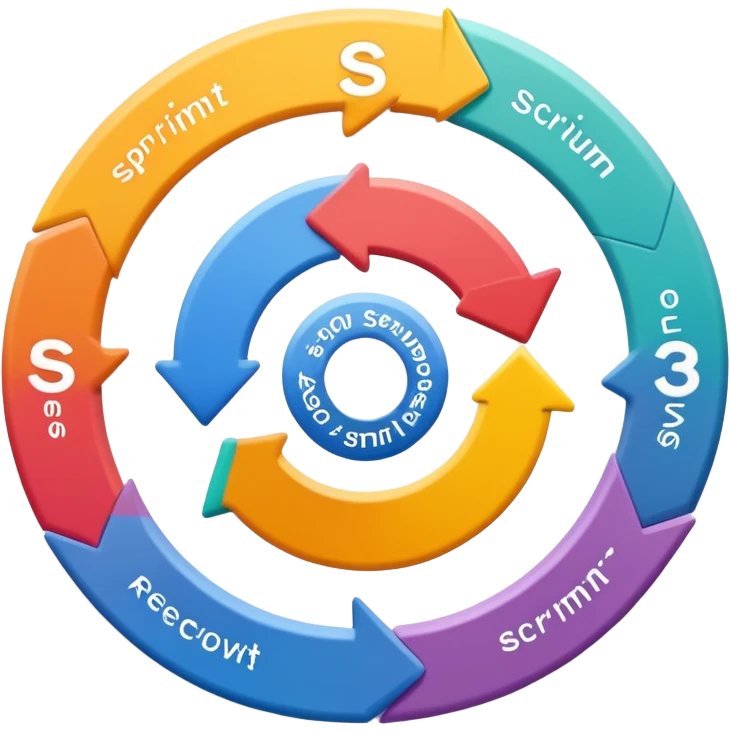 Software development scrum process cycle with sprint planning, daily standups, sprint review and retrospective in a circular flow emoji