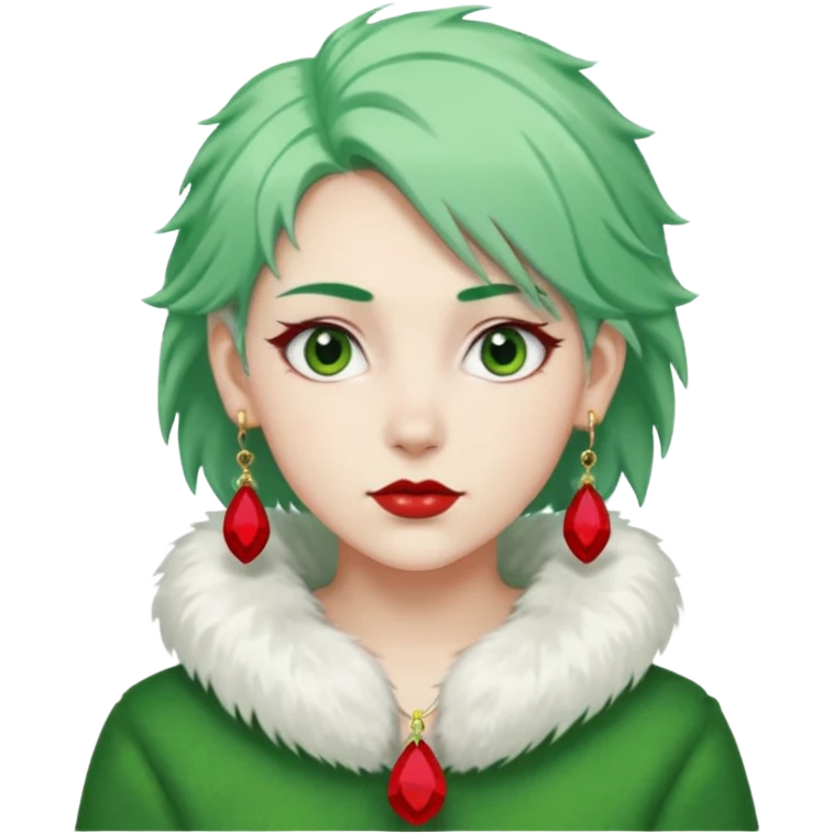 white furred unicorn with green hair and big red earrings looking into camera emoji