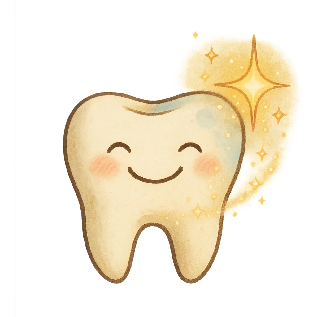 ghibli style smiling tooth being healed by sparkles emoji