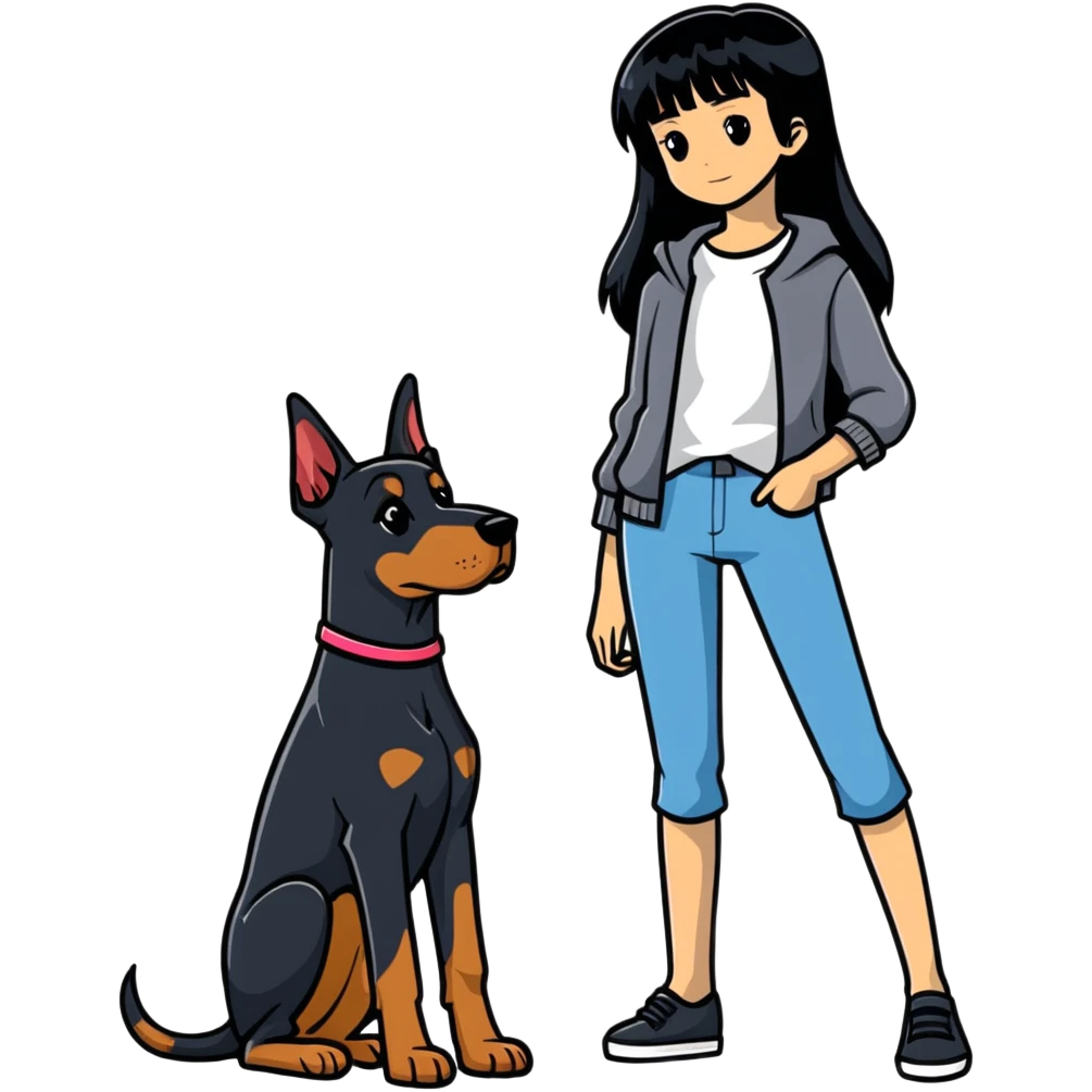girl with long black hair and doberman dog emoji