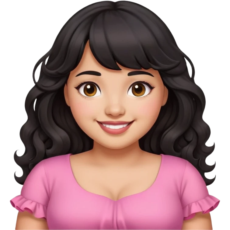 Latina girl with bangs black long wavy hair plus size with a pink dress in love emoji