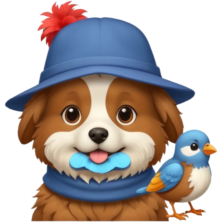 A fluffy dog with a bird on its shoulder and a funny hat emoji