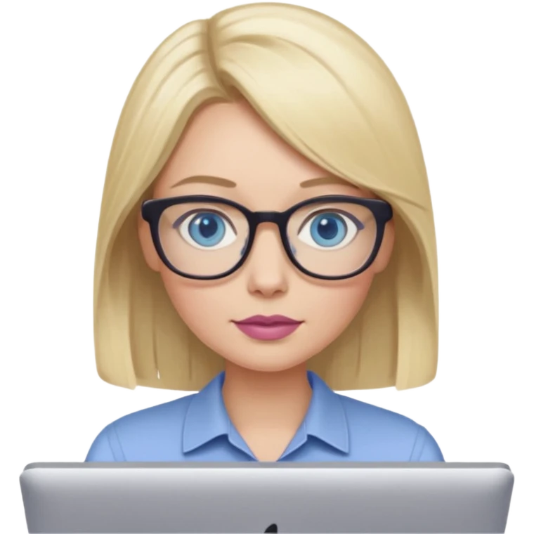 donna, occhi azzurri con occhiali, capelli medi, lisci e biondi, lavora usando il pc. Labbra color malva chiaro emoji