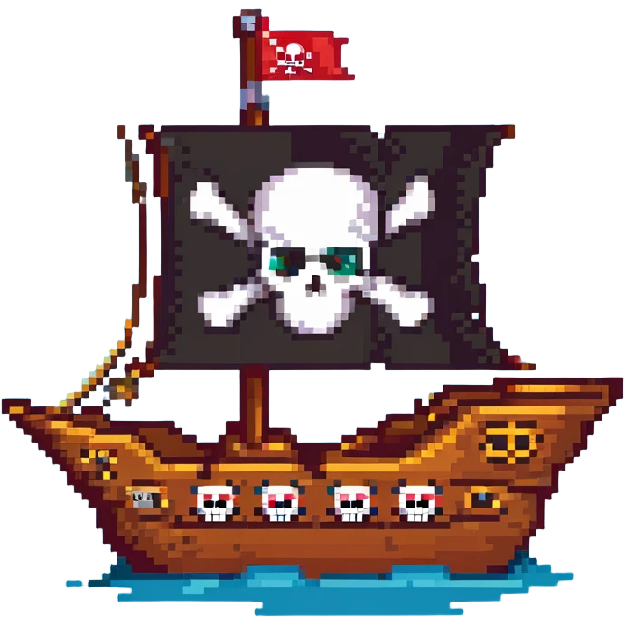 A pirate ship sailing on the open sea, with a skull and crossbones flag flying high, and pirates wearing bandanas and eye patches emoji