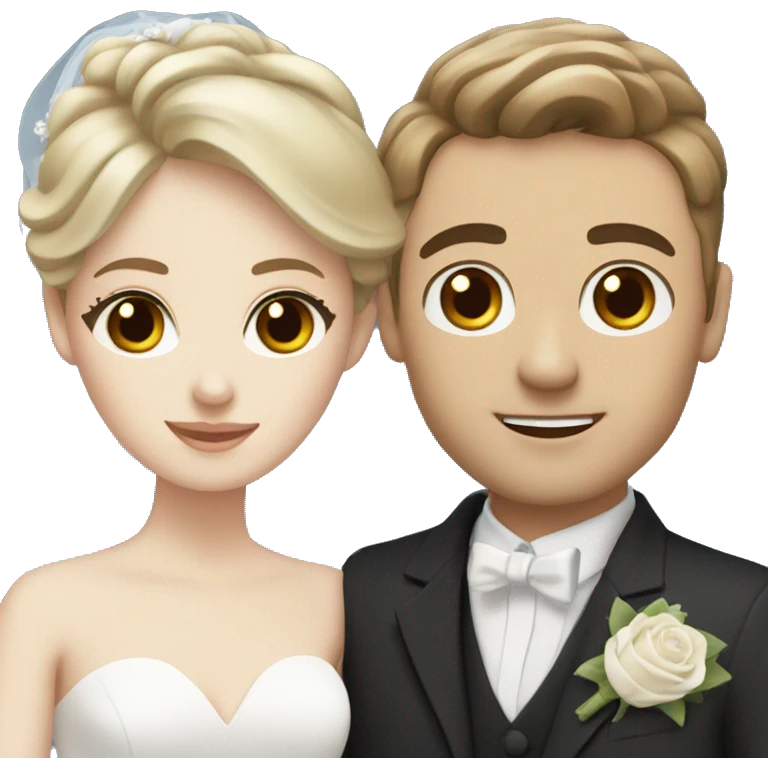Wedding couple, white groom with brown hair, brown eyes, white bride with blonde hair and blue eyes emoji