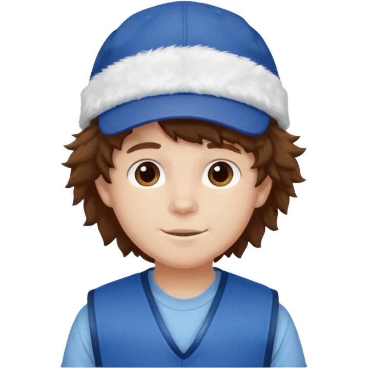 brown fluffy hair kid with blue and white cap dark blue jilet red t shirt emoji