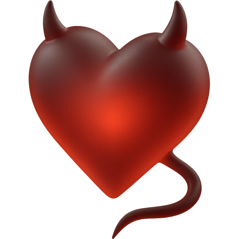 glossy matte glass heart with small devil horns and pointed tail emoji