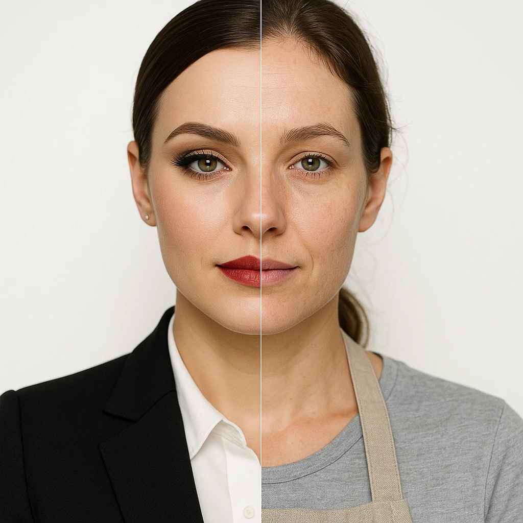 hyper realistic split-image of a woman, half face with professional makeup and business attire, half face natural, kitchen apron, white background, symmetry, clear contrast emoji