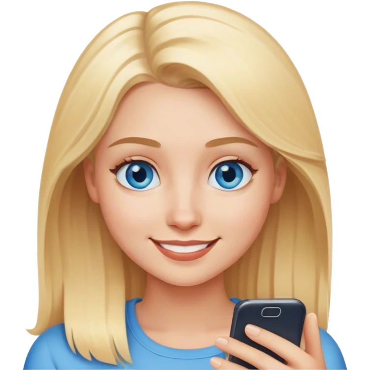 A blonde with blue eyes and a friendly smile looks at her phone emoji