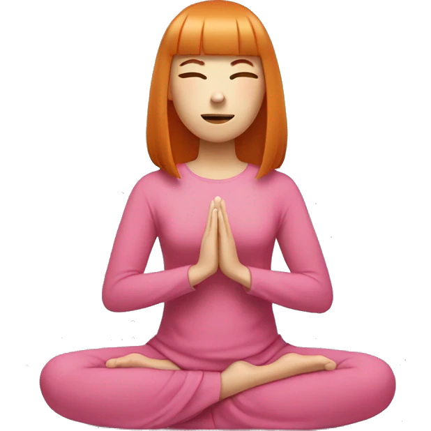 ginger girl, white face, with shoulder lenght straight hair with bangs wearing pink sitting in meditation emoji
