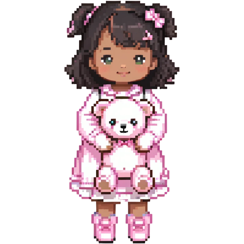 cute toddler girl with pastel pink clothes holding a pink teddy bear emoji