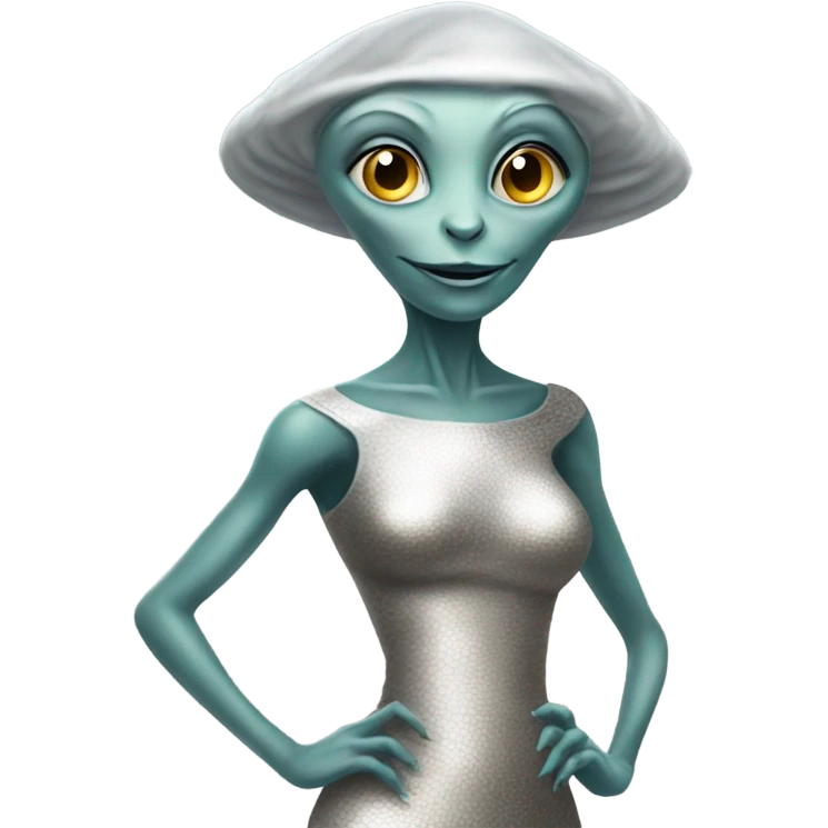 Alien reptilian woman, in silver dress, full figure, working emoji