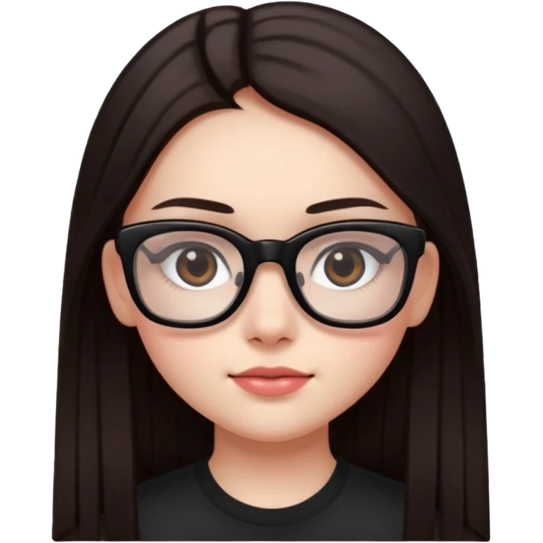une ado, brune aux cheuveux tres fonces longs lisses blanche, ,lunettes carres noires, yeux bruns fonces joues rose emoji