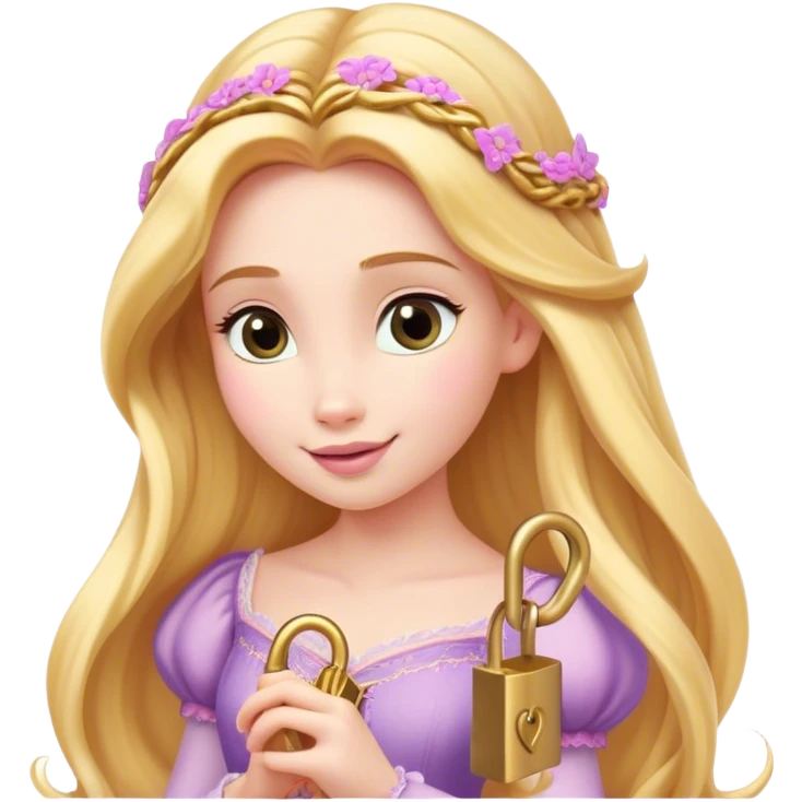 Cinematic Elegant Rapunzel Portrait Emoji, Twirling a lock of her golden hair, dreamy expression, soft pink lips curving into a gentle smile, delicate yet mesmerizing, a princess with a heart full of adventure and beauty! emoji