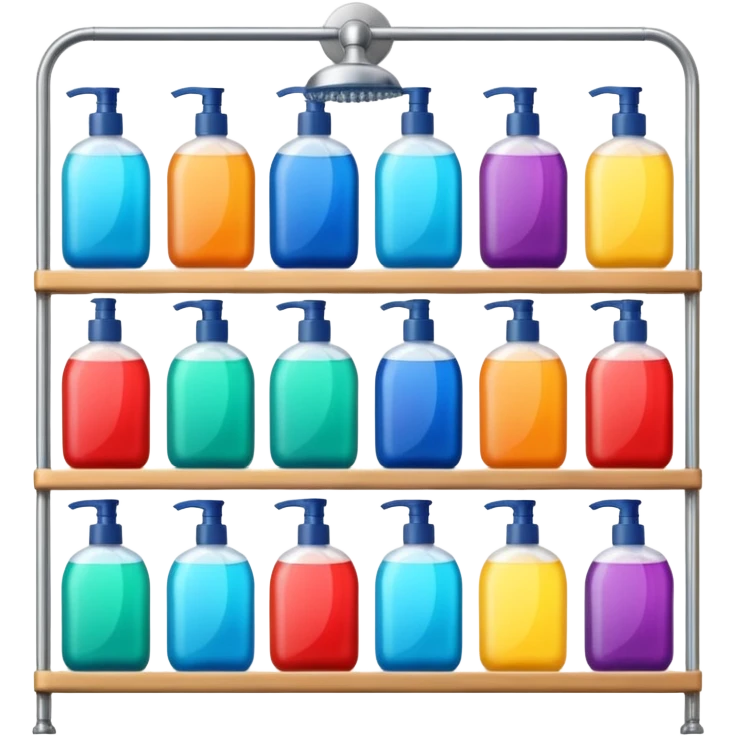 Shower with body wash, shampoo, and conditioner on racks  emoji