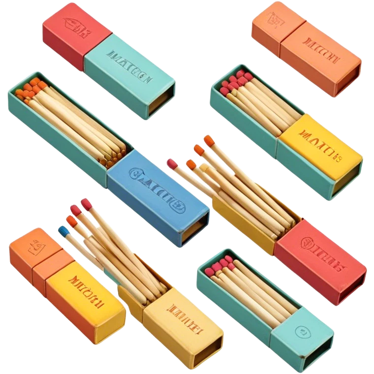 Icon for Matchbox Collecting: a collection of colorful vintage matchboxes arranged in a row, with the match tips visible on the sides. The icon should highlight the unique design and charm of the matchboxes from various places. Transparent background. emoji