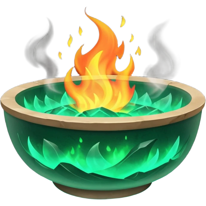 Enchanted emerald big fire rising from a flat stone bowl emoji