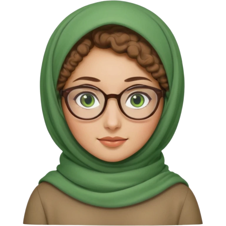 iranian woman, tight curly light brown hair in one high pony tail, glasses, green eyes, pretty, oval shape face emoji