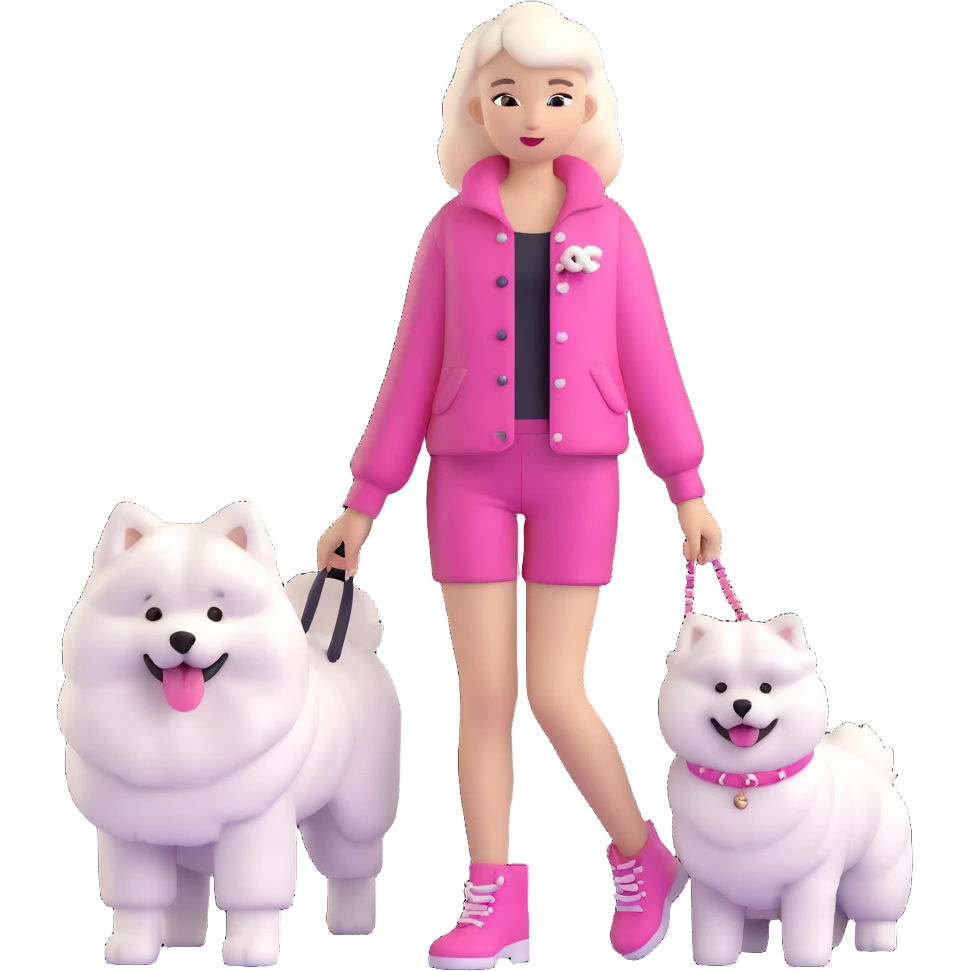 girl in pink Chanel-style outfit with white Samoyed dog emoji