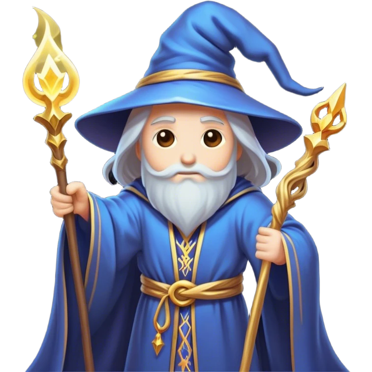 Clash of Clans aesthetic: Cinematic heroic powerful Wizard Hero Emoji, rendered in a 3D vector-style similar to standard emojis with minimal shading and bold, simplified shapes. A compact, isometric figure draped in flowing enchanted robes and wielding a mystical staff, softly glowing with an arcane magical charm. Simplified yet unmistakably iconic, highly detailed and consistent, glowing with a soft radiant glow and high shine. Stylized with a touch of whimsical sorcery and a soft glowing outline, capturing the essence of a powerful wizard ready to cast spells with a friendly, playful spirit! emoji