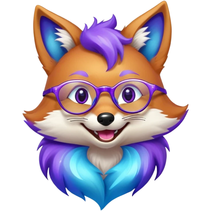 A magical fox with shimmering purple and blue fur, a glowing tail, a silver star on its forehead, and round glasses, laughing so hard that tears are streaming from its eyes. 🦊😂 emoji