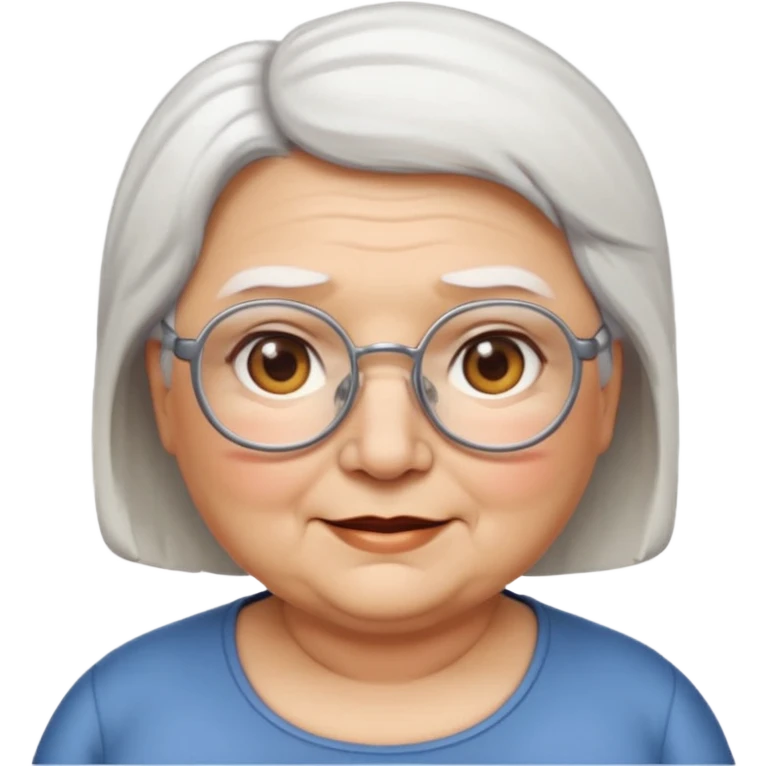 Create me emoji of an old fat lady. Short white hair to left side. Square glasses. Brown eyes. Rounded really big and really wide face. Wide nose.  emoji