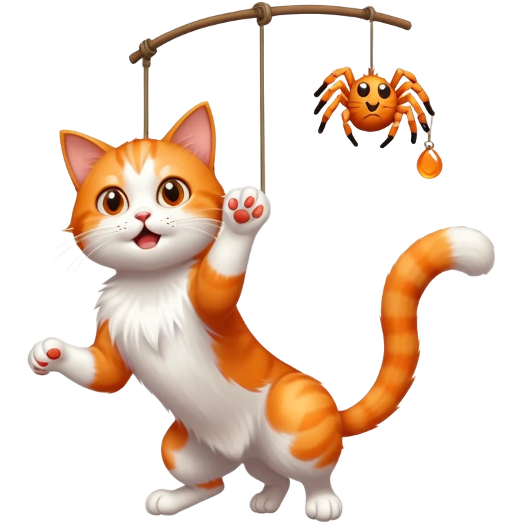A playful cat batting at a dangling spider with its paw fully extended emoji