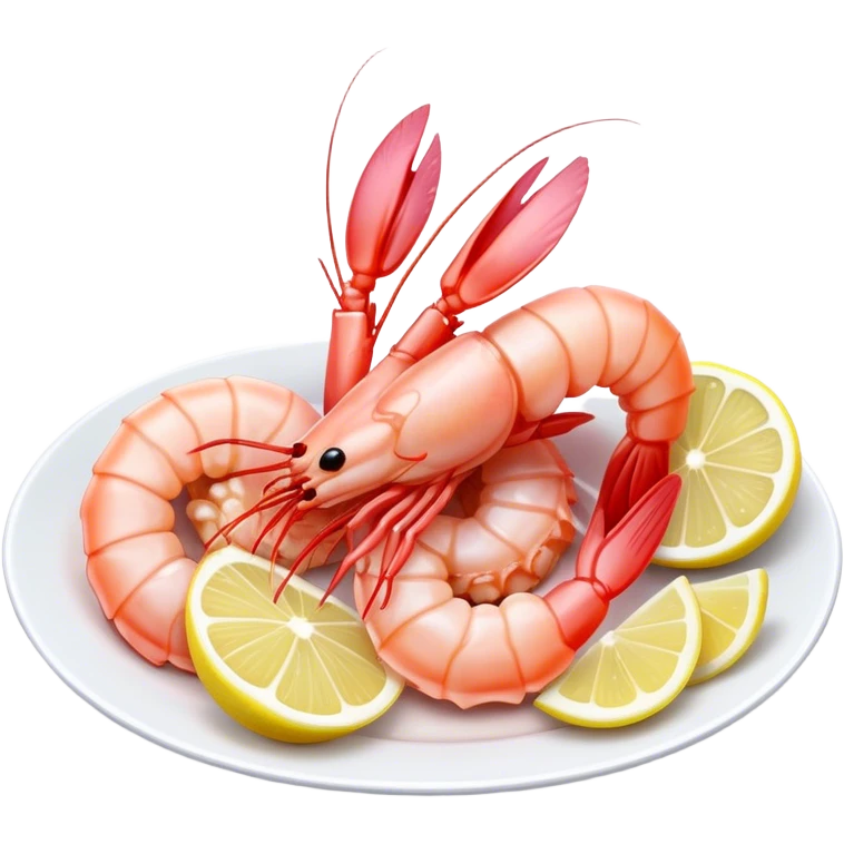 Cinematic glistening shrimp, pink and juicy, slightly curled with a light char, served with lemon wedges, ultra-detailed and fresh, warm glowing background. emoji