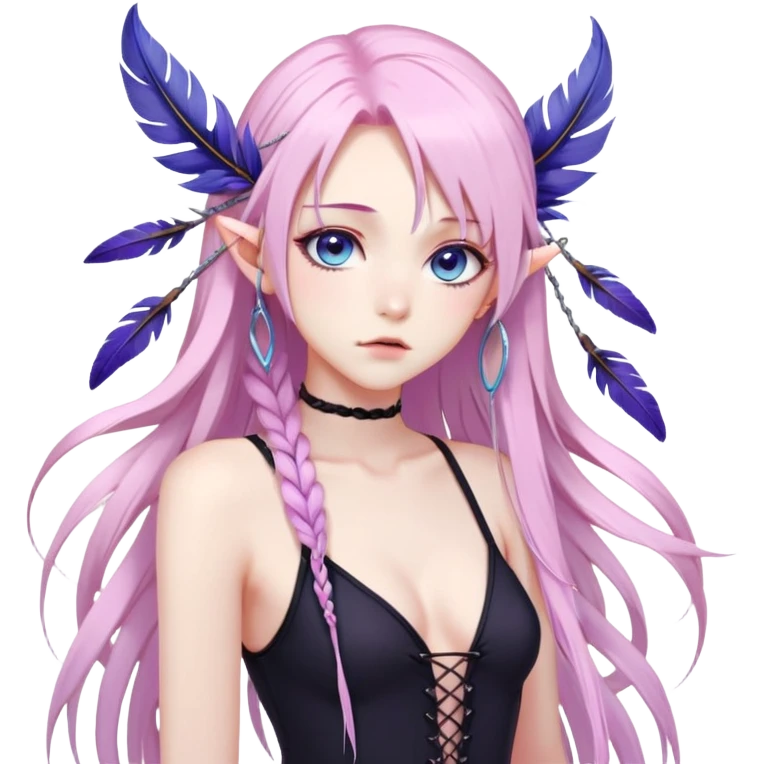 Gorgeous beautiful pretty grumpy anime lady long-pale-whitish-pastel-pink-hair with one thin braid on each side, hanging purple feather-ear-cuffs with pink tips in hair, black bodysuit, blue eyes, pink iris, ethereal, fashion aesthetic  emoji