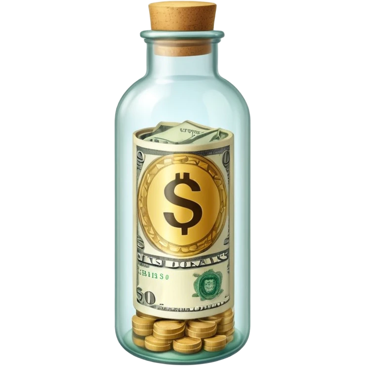 a bottle glass that contains dollars inside and it's labeled savings emoji