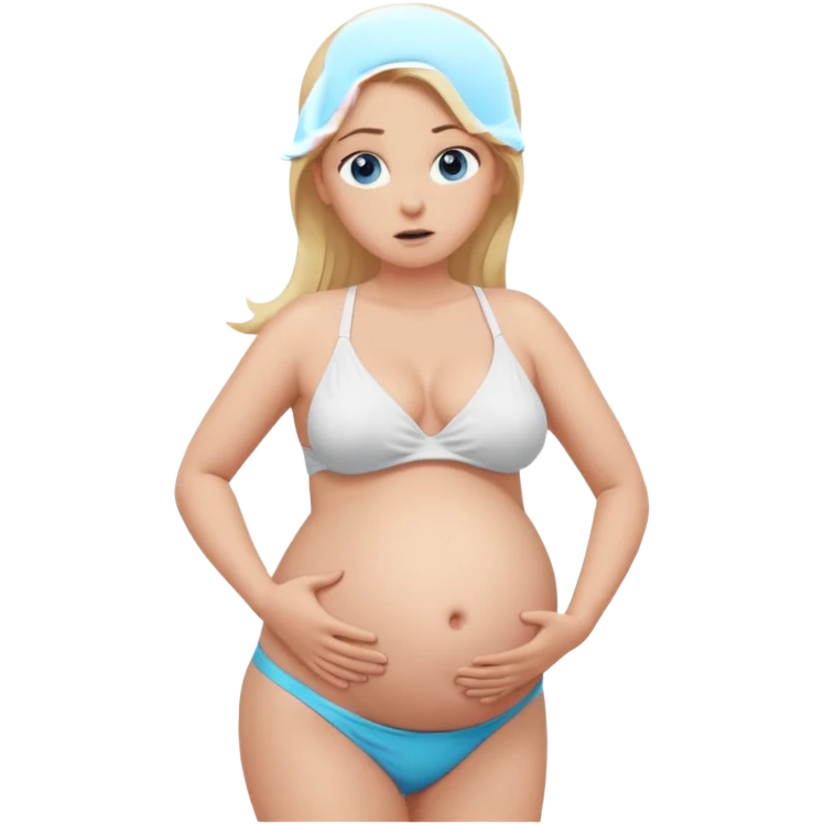 White girl, long blonde ponytail, blue eyes, huge pregnant belly, full body, white bikini, scared expression, looking at belly, front view. emoji